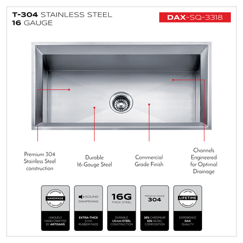 DAX Handmade Single Bowl Undermount Kitchen Sink, 16 Gauge Stainless Steel, Brushed Finish, 33 x 18 x 9-1/2 Inches (DAX-SQ-3318)