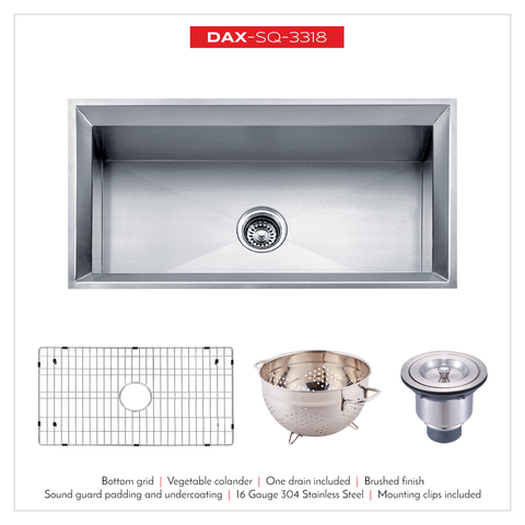 DAX Handmade Single Bowl Undermount Kitchen Sink, 16 Gauge Stainless Steel, Brushed Finish, 33 x 18 x 9-1/2 Inches (DAX-SQ-3318)