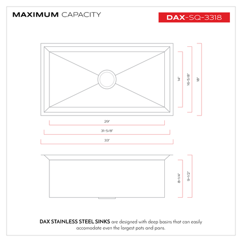 DAX Handmade Single Bowl Undermount Kitchen Sink, 16 Gauge Stainless Steel, Brushed Finish, 33 x 18 x 9-1/2 Inches (DAX-SQ-3318)