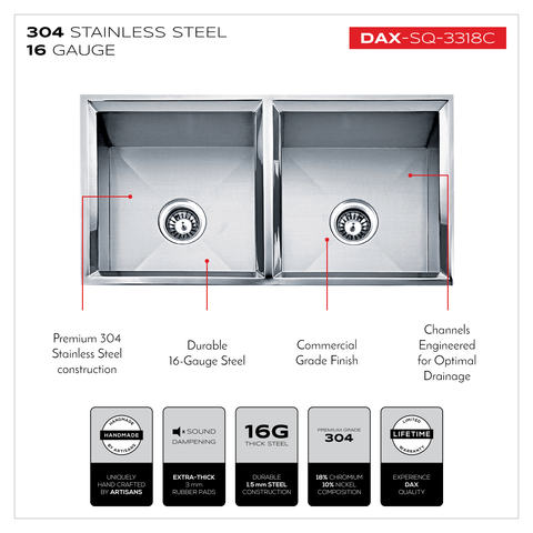 DAX Handmade 50/50 Double Bowl Undermount Kitchen Sink, 16 Gauge Stainless Steel, Brushed Finish, 33 x 9-1/2 x 18 Inches (DAX-SQ-3318C)