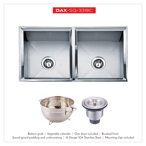 DAX Handmade 50/50 Double Bowl Undermount Kitchen Sink, 16 Gauge Stainless Steel, Brushed Finish, 33 x 9-1/2 x 18 Inches (DAX-SQ-3318C)