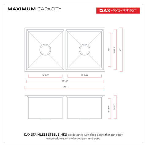 DAX Handmade 50/50 Double Bowl Undermount Kitchen Sink, 16 Gauge Stainless Steel, Brushed Finish, 33 x 9-1/2 x 18 Inches (DAX-SQ-3318C)