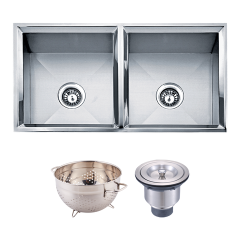 DAX Handmade 50/50 Double Bowl Undermount Kitchen Sink, 16 Gauge Stainless Steel, Brushed Finish, 33 x 9-1/2 x 18 Inches (DAX-SQ-3318C)