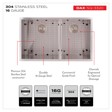 DAX Handmade 60/40 Square Double Bowl Undermount Kitchen Sink, 16 Gauge Stainless Steel, Brushed Finish, 33 x 10 x 20 Inches (DAX-SQ-3320)