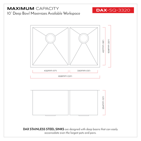 DAX Handmade 60/40 Square Double Bowl Undermount Kitchen Sink, 16 Gauge Stainless Steel, Brushed Finish, 33 x 10 x 20 Inches (DAX-SQ-3320)