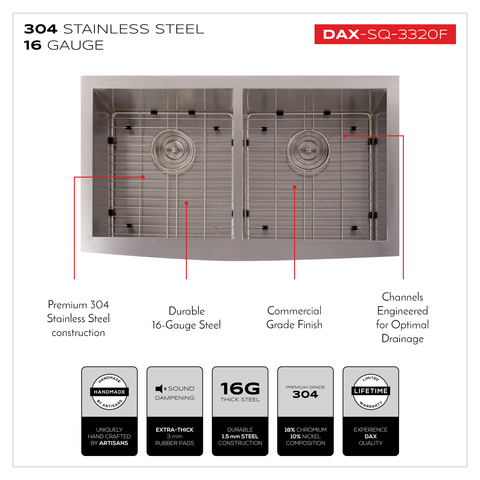 DAX Farmhouse 50/50 Double Bowl Top Mount Kitchen Sink, 16 Gauge Stainless Steel, Brushed Finish, 33 x 20 x 10 Inches (DAX-SQ-3320F)