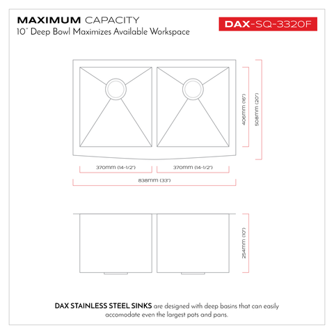 DAX Farmhouse 50/50 Double Bowl Top Mount Kitchen Sink, 16 Gauge Stainless Steel, Brushed Finish, 33 x 20 x 10 Inches (DAX-SQ-3320F)