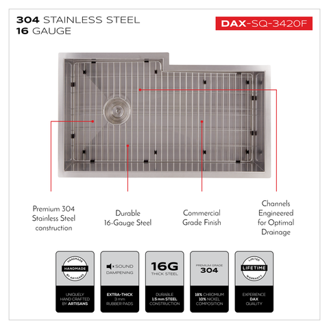 DAX Handmade Single Bowl Undermount Kitchen Sink, 16 Gauge Stainless Steel, Brushed Finish, 34 x 10 x 20 Inches (DAX-SQ-3420F)