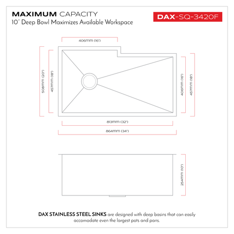 DAX Handmade Single Bowl Undermount Kitchen Sink, 16 Gauge Stainless Steel, Brushed Finish, 34 x 10 x 20 Inches (DAX-SQ-3420F)