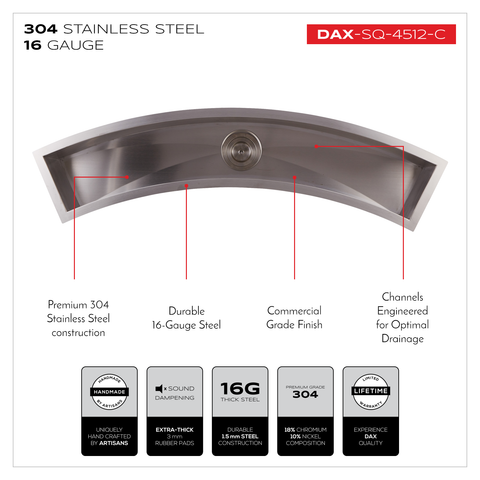 DAX Handmade Undermount Bar Sink, 16 Gauge Stainless Steel, Brushed Finish, 45 x 8-1/2 x 6 Inches (DAX-SQ-4512-C)